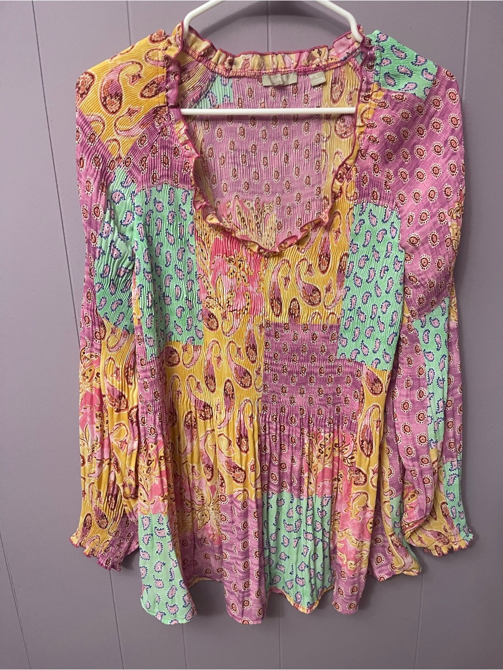 Sunny Leigh Patchwork Smocked Peasant Blouse in Pink, Yellow & Mint